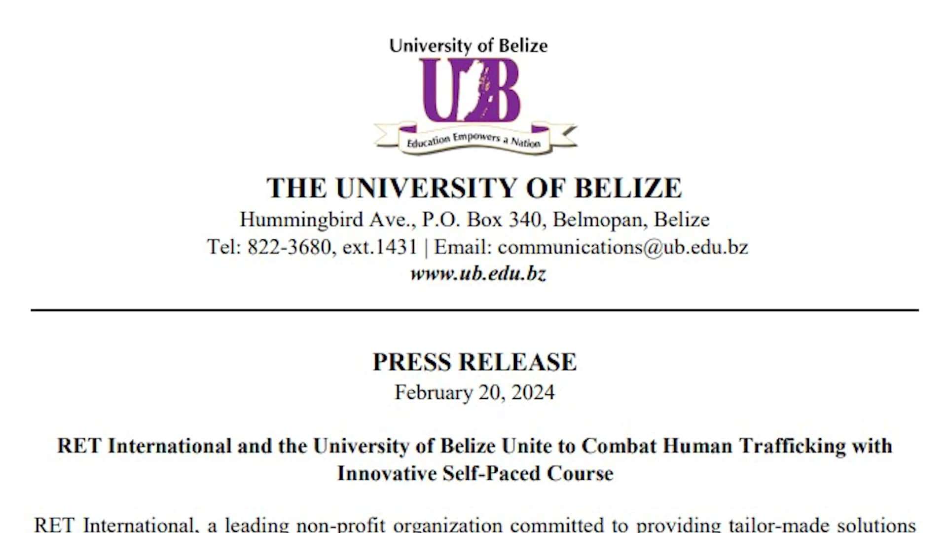 University of Belize and RET International Launch Anti-Human Trafficking Course