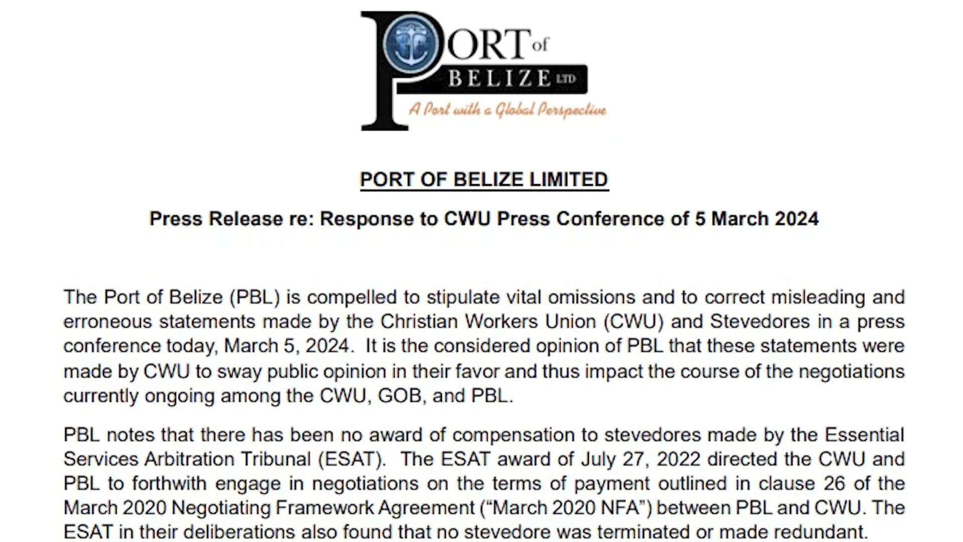 Port of Belize Responds to CWU’s Allegations