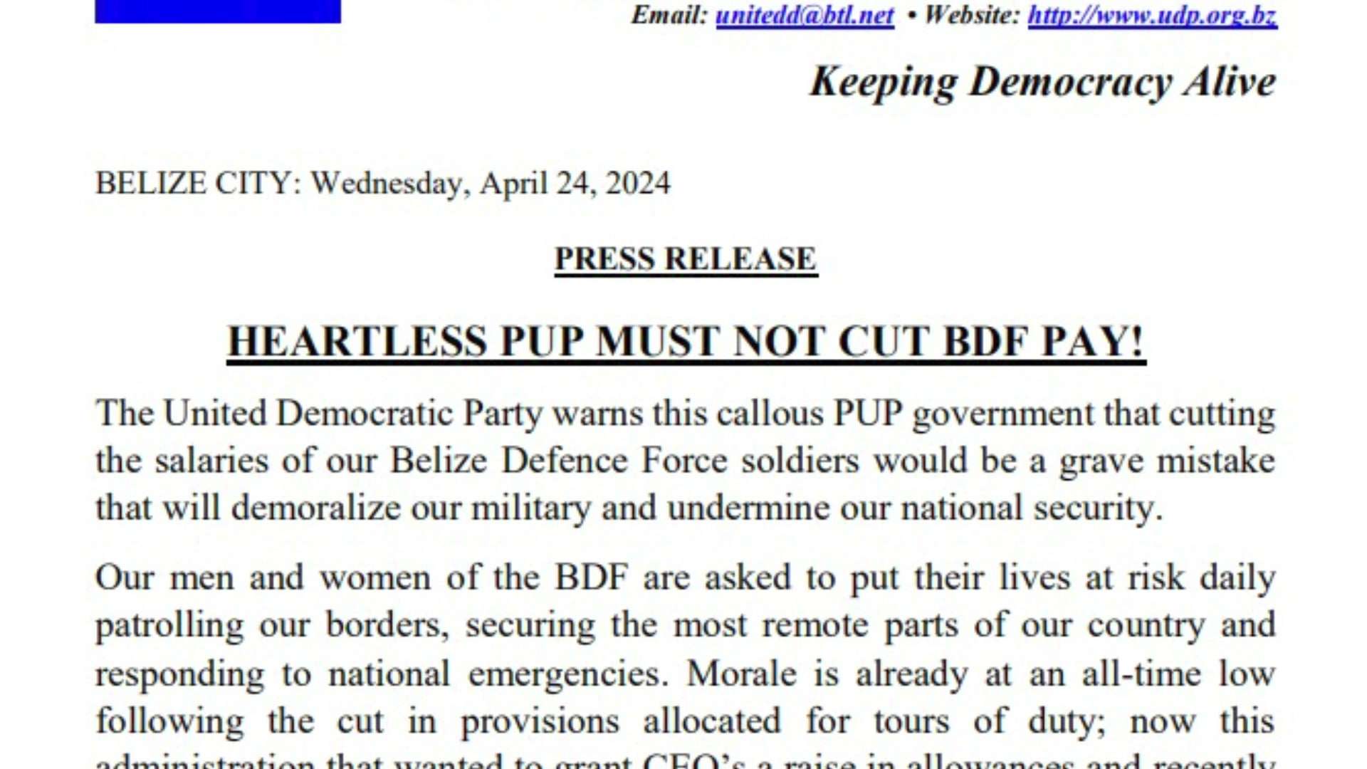 UDP Objects to Salary Cuts for BDF, Warns of National Security Risks