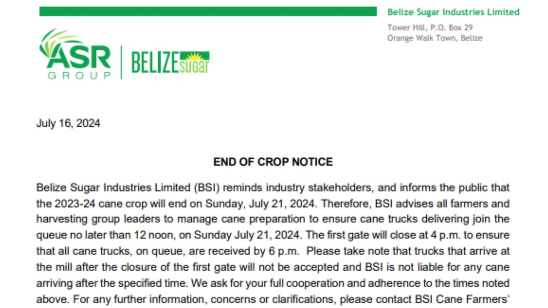 BSI Reminds Cane Farmers of Sugar Crop Closure on July 21