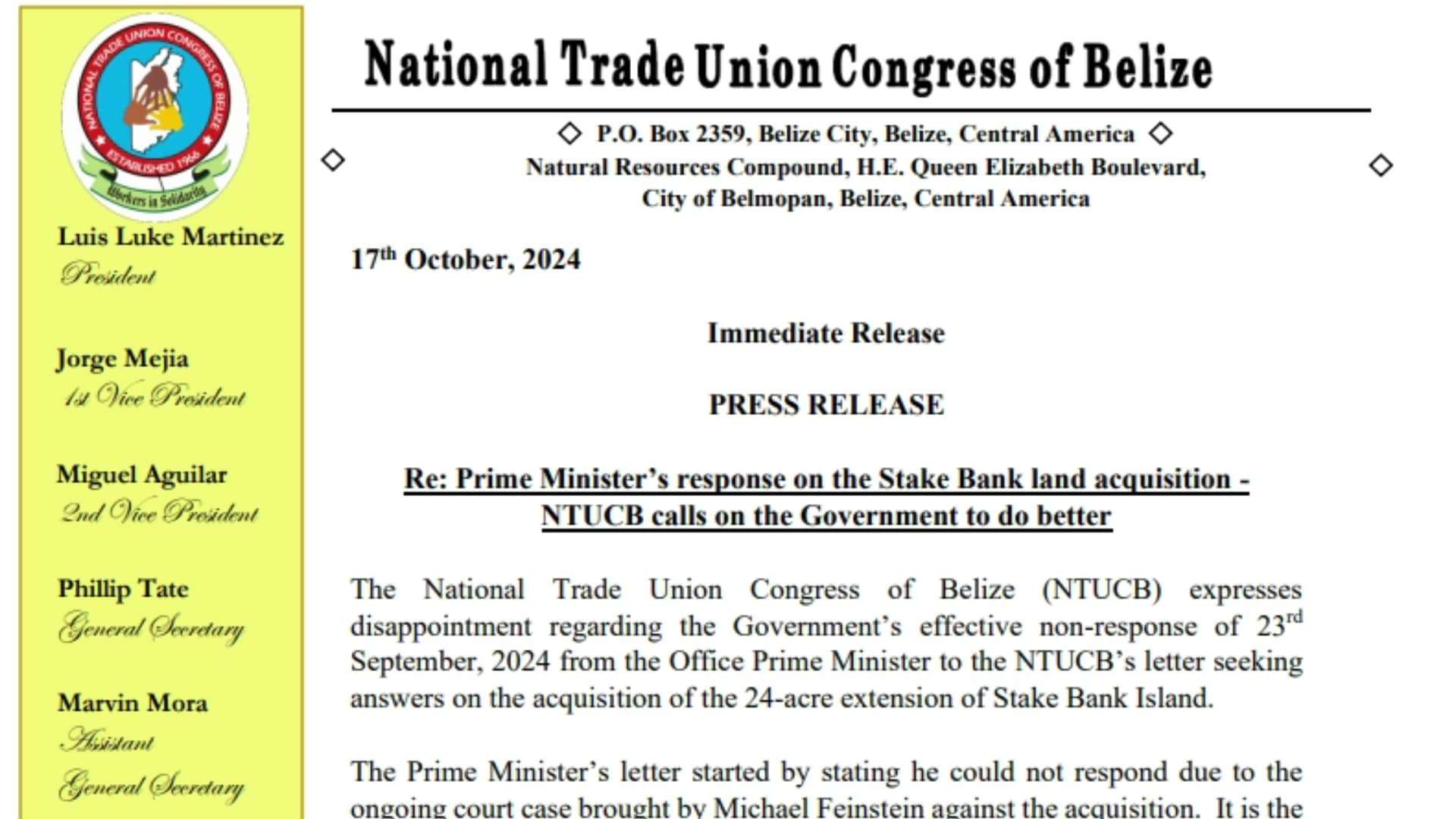 NTUCB Criticizes Government’s Lack of Transparency on Stake Bank Land Acquisition