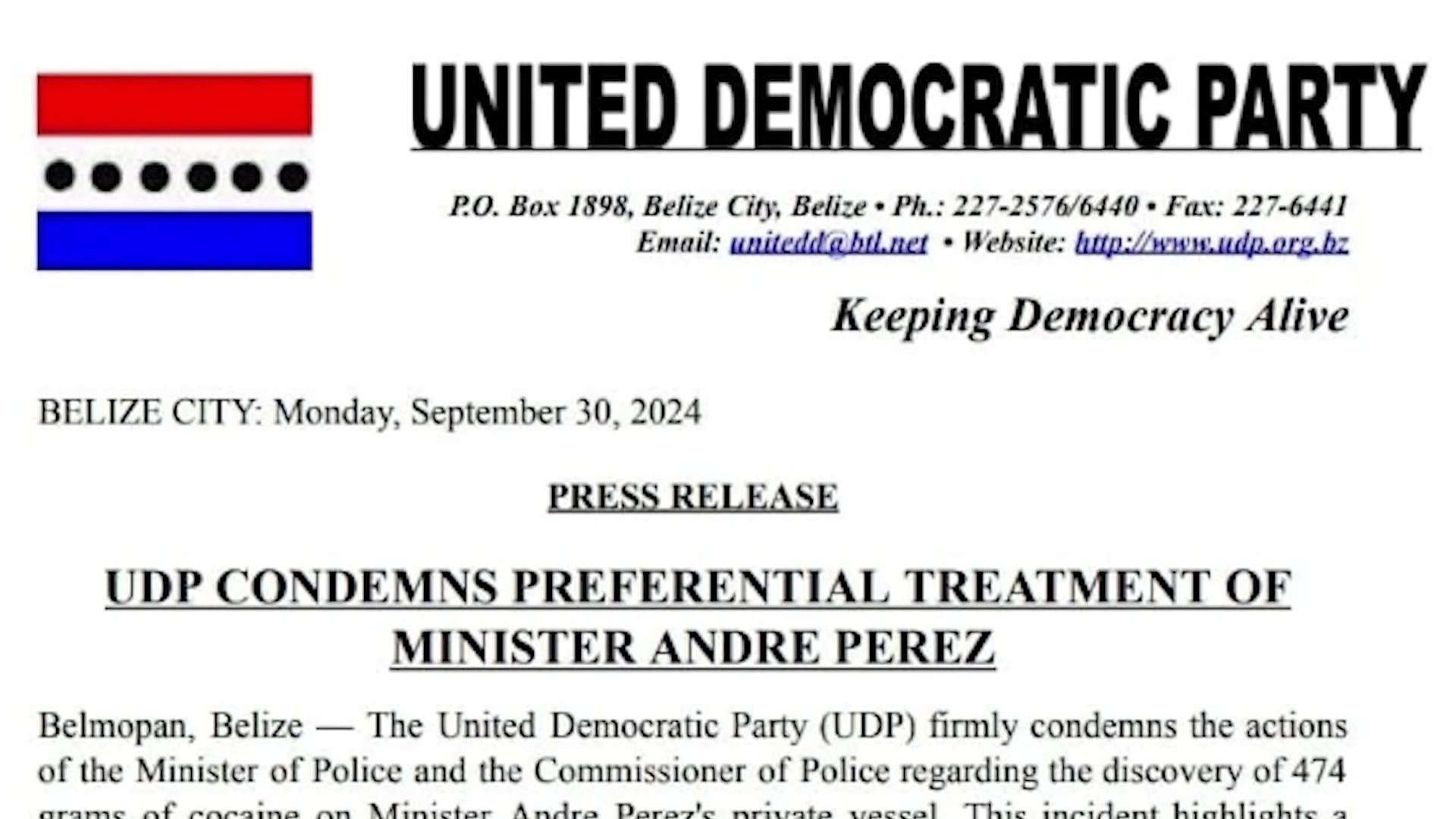 UDP Demands Accountability After Drugs Found on Minister Andre Perez’s Private Boat