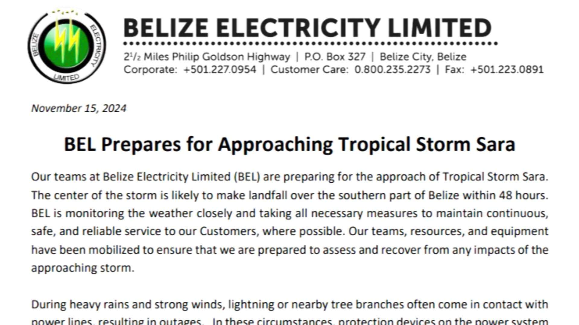 Belize Electricity Limited on High Alert for Tropical Storm Sara
