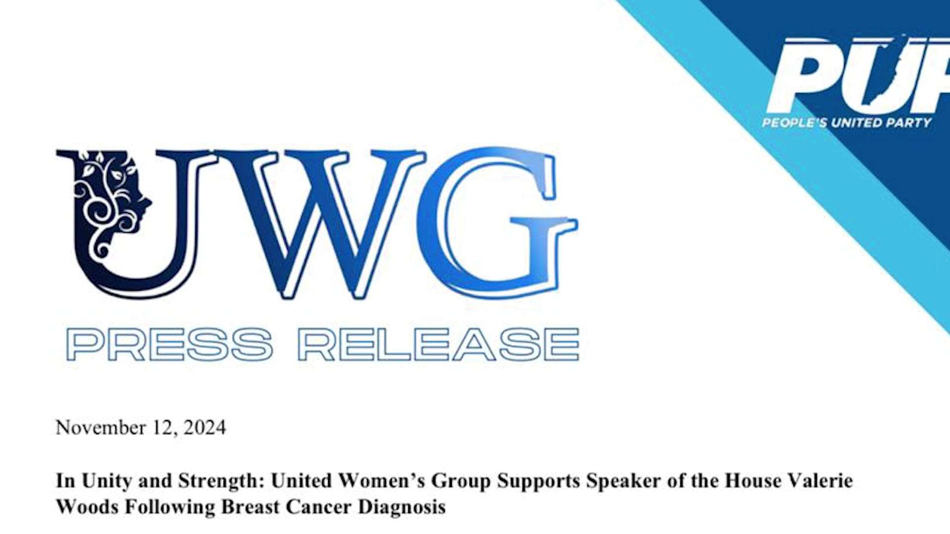 United Women’s Group Expresses Solidarity with Speaker Valerie Woods Following Cancer Diagnosis