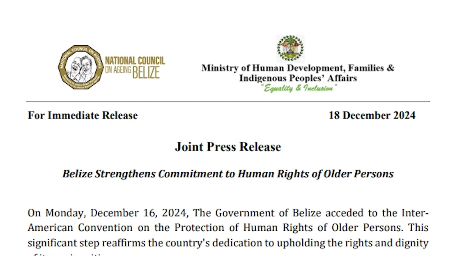 Belize Becomes First English-Speaking Caribbean Nation to Adopt Human Rights Convention for Older Persons