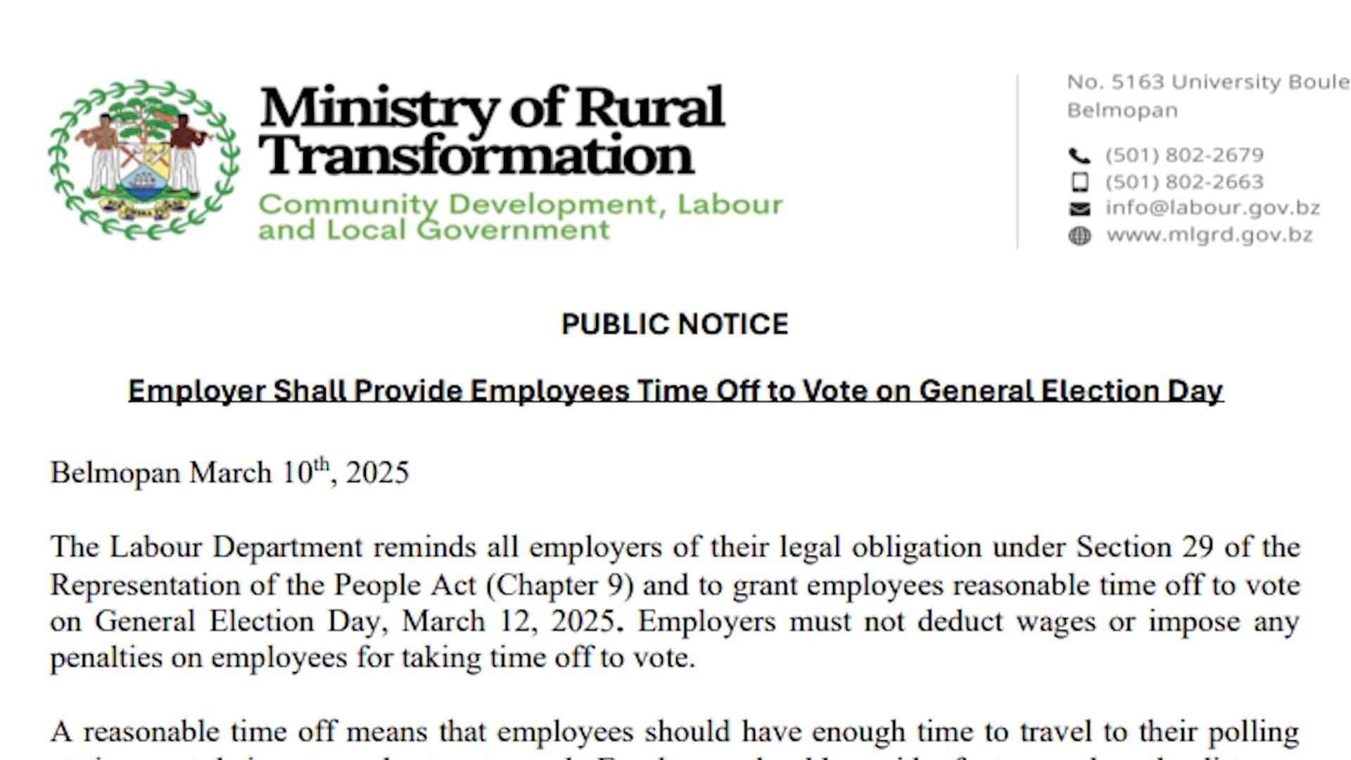 Election Reminder: Labour Department Urges Employers to Allow Time for Voting