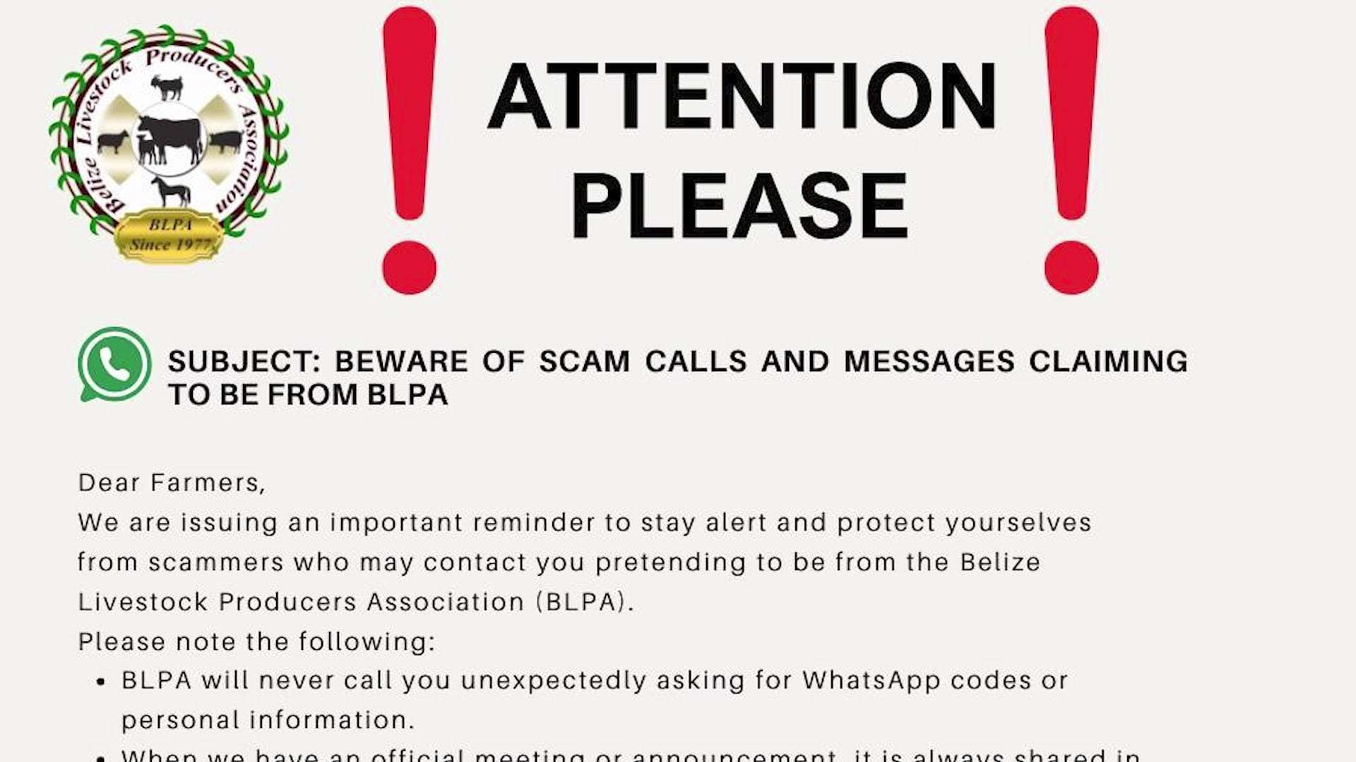 Belize Livestock Producers Association Warns Members of Ongoing Scam Targeting Farmers