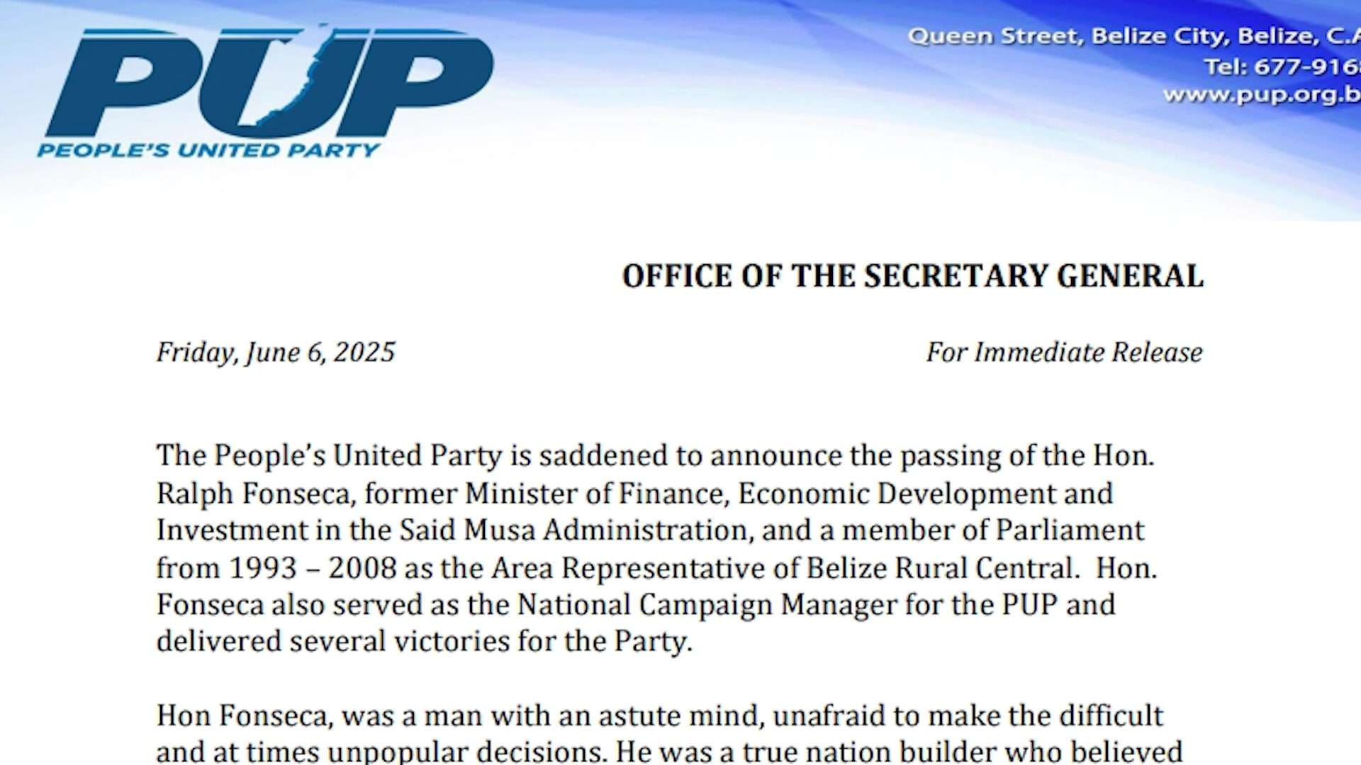 PUP Mourns Passing of Veteran Politician Ralph Fonseca