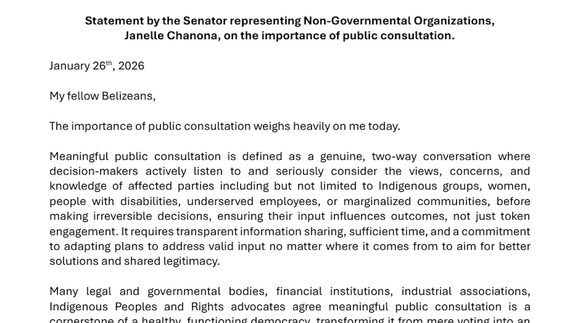 Senator Chanona Calls for Stronger Public Consultation in National Decisions
