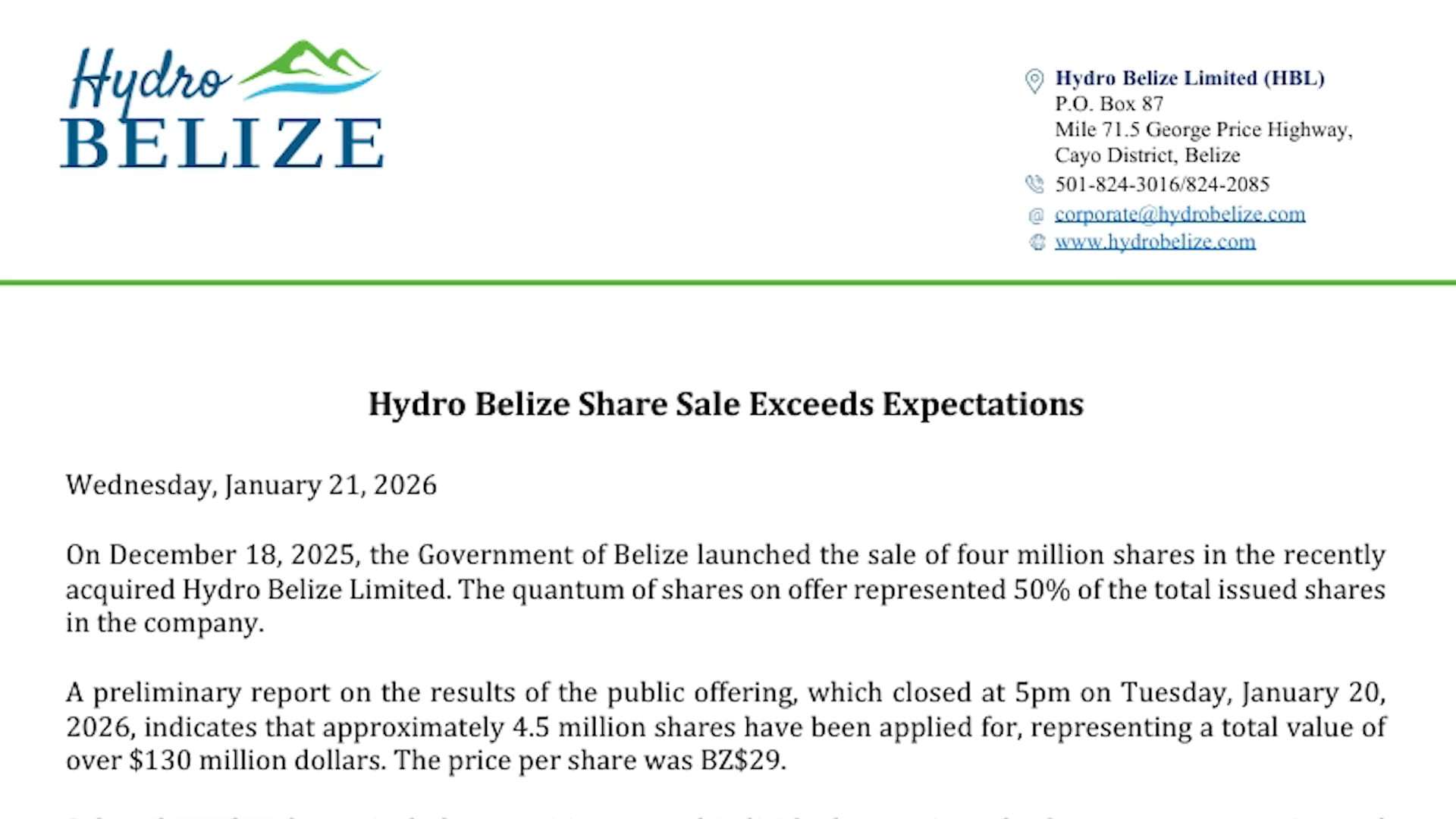 Public demand exceeds expectations in the Hydro Belize share sale