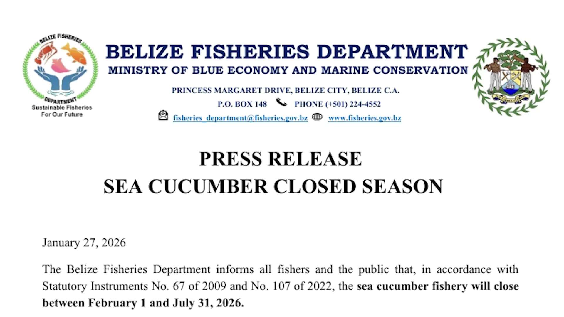 Sea Cucumber Fishery Closed From February to July