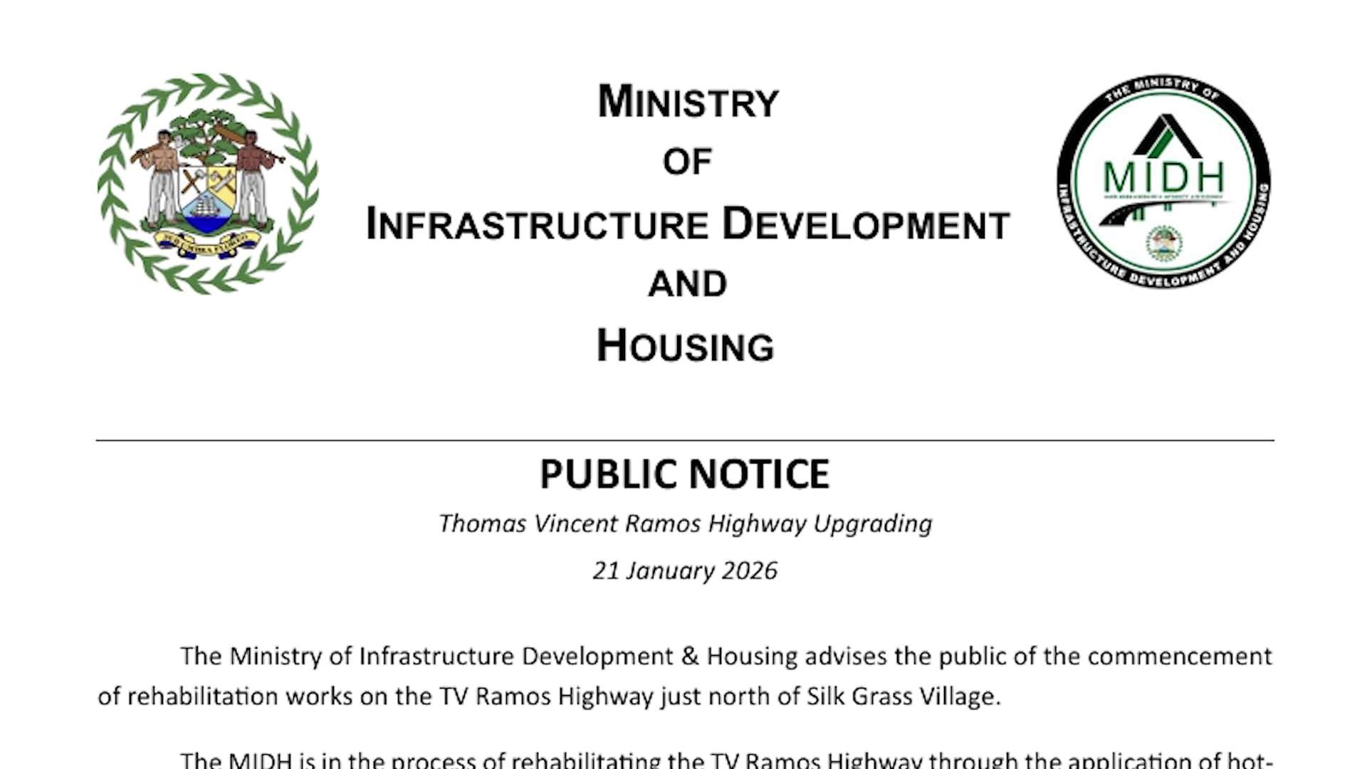 Rehabilitation Works Underway on TV Ramos Highway Near Silk Grass